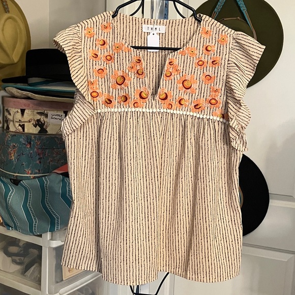 THML Tops - THML  Beige Striped Blouse with Orange Floral Embroidery